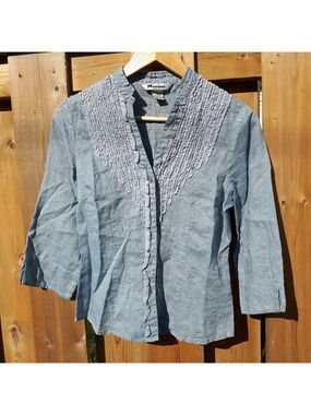 Nygard Petite Linen Blouse Ruffle collar Size 6